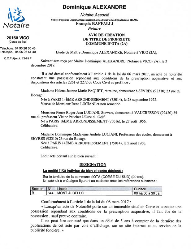 Avis de création de titre de propriété - commune de Ota (Corse du sud)