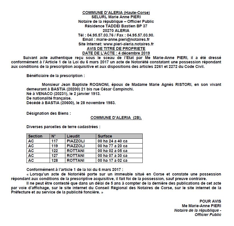 Avis de création de titre de propriété - commune d'Aleria (Haute Corse)