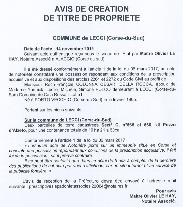 Avis de création de titre de propriété - commune de Lecci (Corse du Sud)