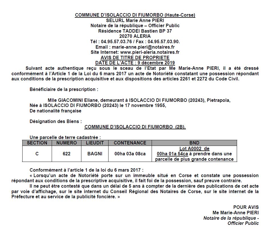 Avis de création de titre de propriété - commune d'Isolaccio di Fiumorbo (Haute Corse)