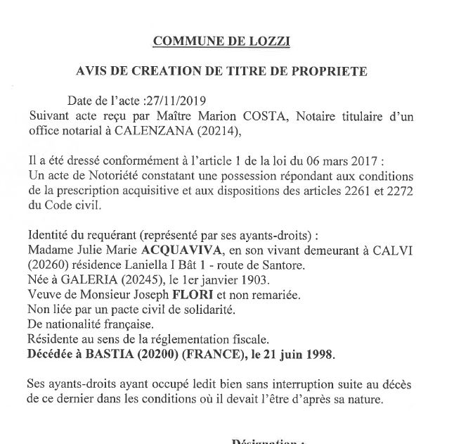 Avis de création de titre de propriété - commune de Lozzi (Haute Corse)