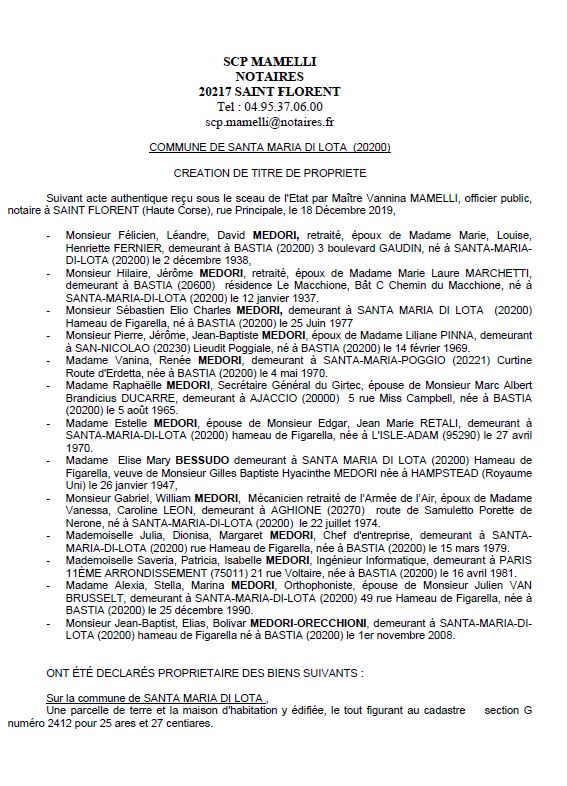 Avis de création de titre de propriété - commune de Saint Florent (Haute Corse) Avis de création de titre de propriété - commune de Saint Florent (Haute Corse)