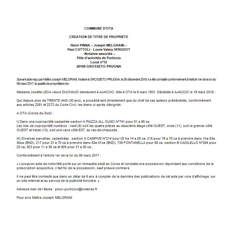 Avis de création de titre de propriété - commune de Ota (Corse du sud)