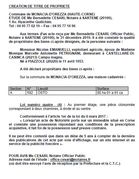 Avis de création de titre de propriété - commune de Monacia-d'Orezza (Haute Corse)