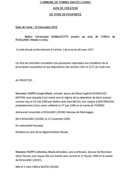 Avis de création de titre de propriété - commune de Tomino (Haute Corse)