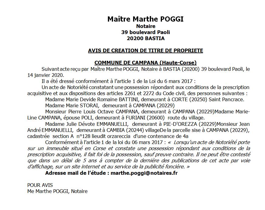Avis de création de titre de propriété - commune de Campana (Haute Corse)