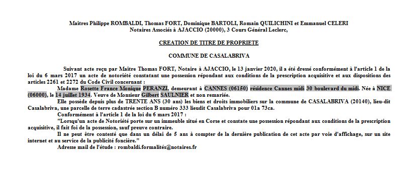 Avis de création de titre de propriété - commune de Casalabriva (Corse du Sud)