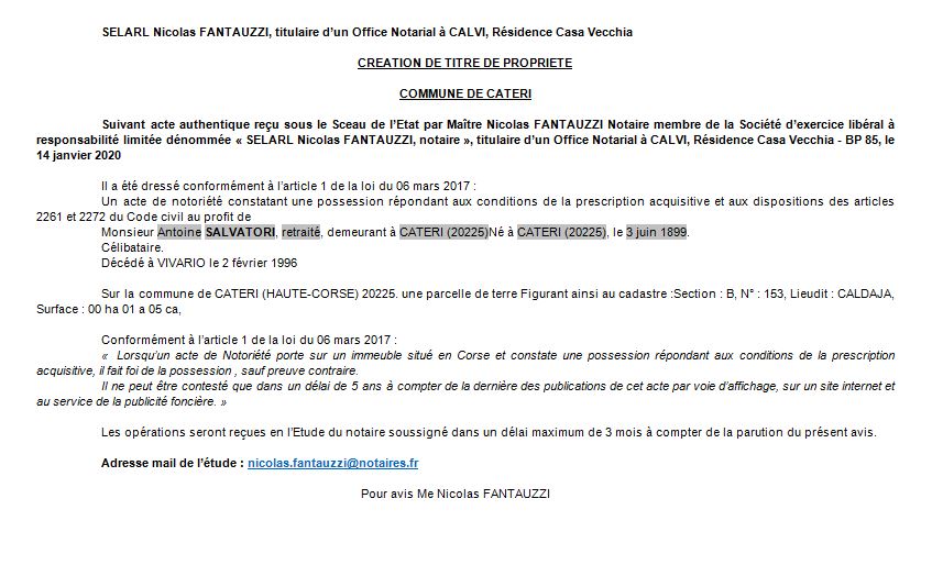 Avis de création de titre de propriété - commune de Cateri (Haute Corse)