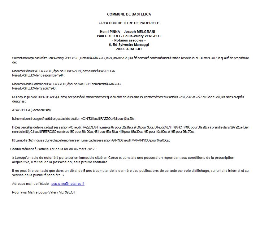 Avis de création de titre de propriété - commune de Bastelica (Corse du Sud)