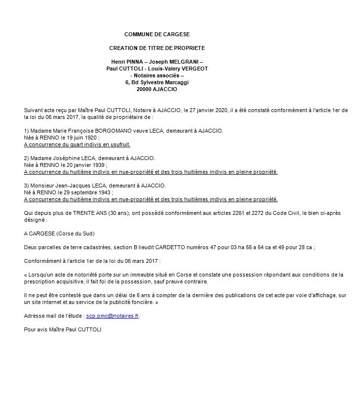 Avis de création de titre de propriété - commune de Cargese (Corse du Sud)
