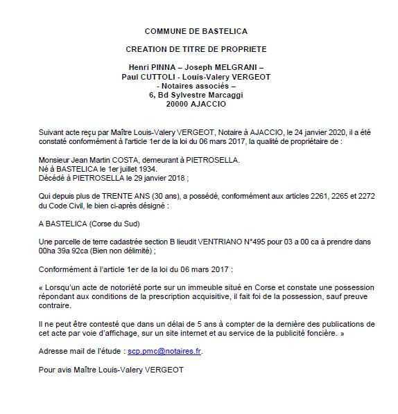 Avis de création de titre de propriété - commune de Bastelica (Corse du Sud)