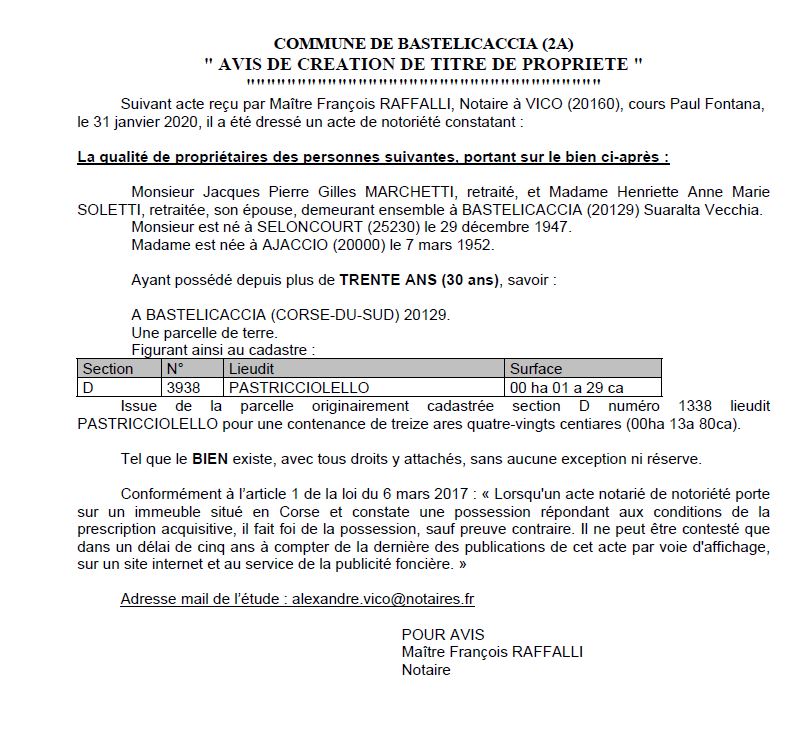Avis de création de titre de propriété - commune de Bastelicaccia (Corse du Sud)