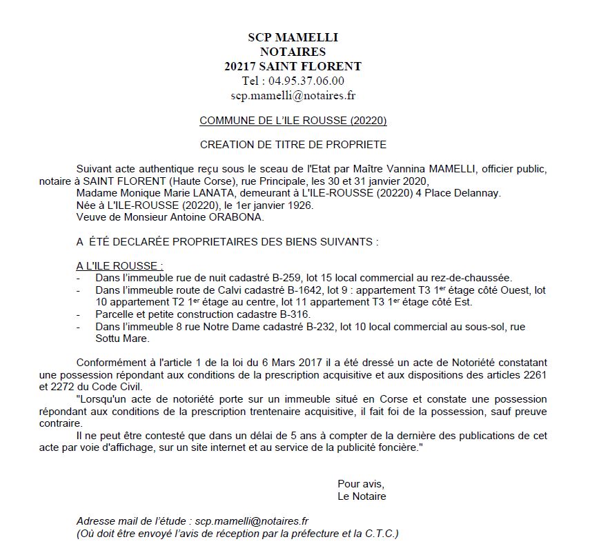 Avis de création de titre de propriété - commune d'Ile Rousse (Haute Corse)