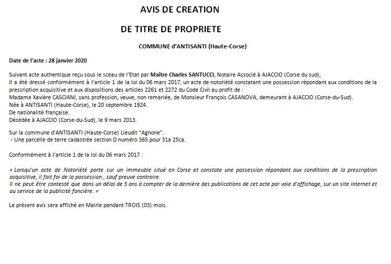 Avis de création de titre de propriété - commune d'Antisanti (Haute Corse)