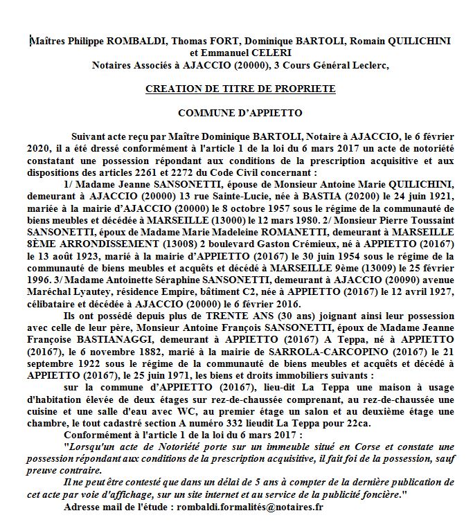 Avis de création de titre de propriété - commune d'Appietto (Haute Corse)