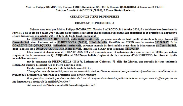 Avis de création de titre de propriété - commune de Pietrosella (Corse-du-Sud)