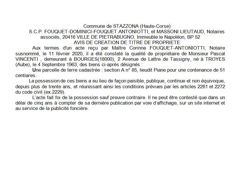 Avis de création de titre de propriété - commune de Stazzona (Haute Corse)