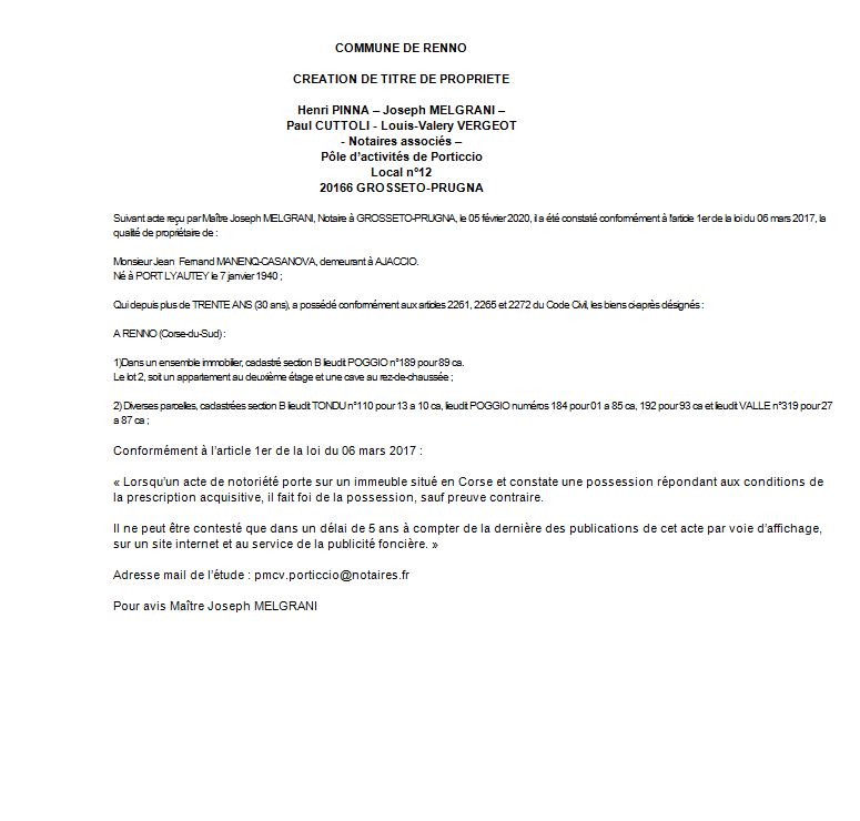 Avis de création de titre de propriété - commune de Renno (Corse-du-Sud)