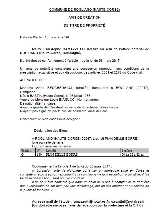 Avis de création de titre de propriété - commune de Rogliano (Haute-Corse) Avis de création de titre de propriété - commune de Rogliano (Haute-Corse)
