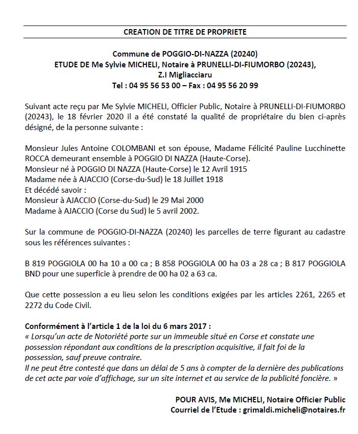 Avis de création de titre de propriété - commune de Poggio-di-Nazza (Haute-Corse)