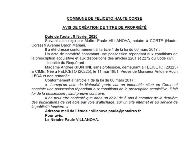 Avis de création de titre de propriété - commune de Feliceto (Haute-Corse)