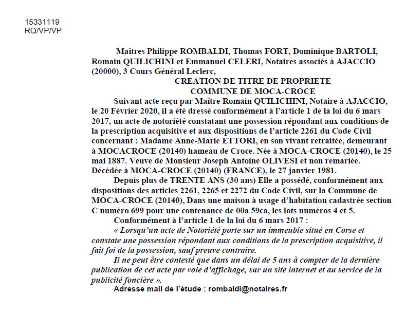 Avis de création de titre de propriété - commune de Mocca-Croce (Corse-du-Sud)