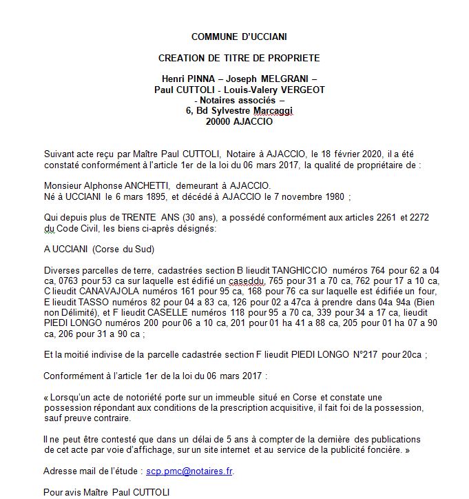 Avis de création de titre de propriété - commune d'Ucciani (Corse-du-Sud) Avis de création de titre de propriété - commune d'Ucciani (Corse-du-Sud)