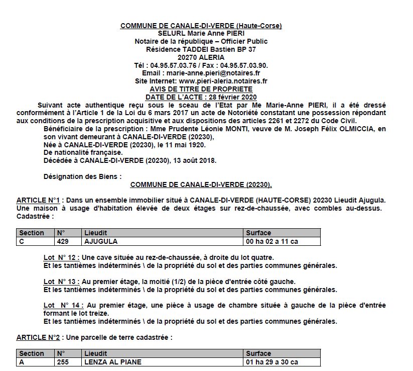 Avis de création de titre de propriété - commune de Canale-di-Verde (Haute Corse)