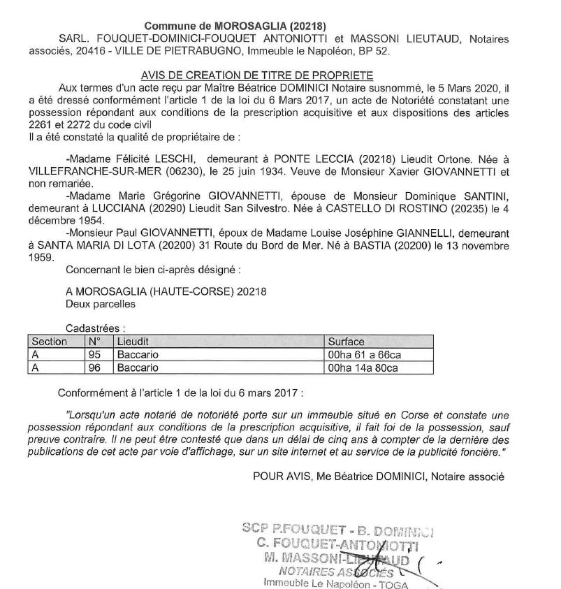Avis de création de titre de propriété - commune de Morosaglia (Haute Corse)