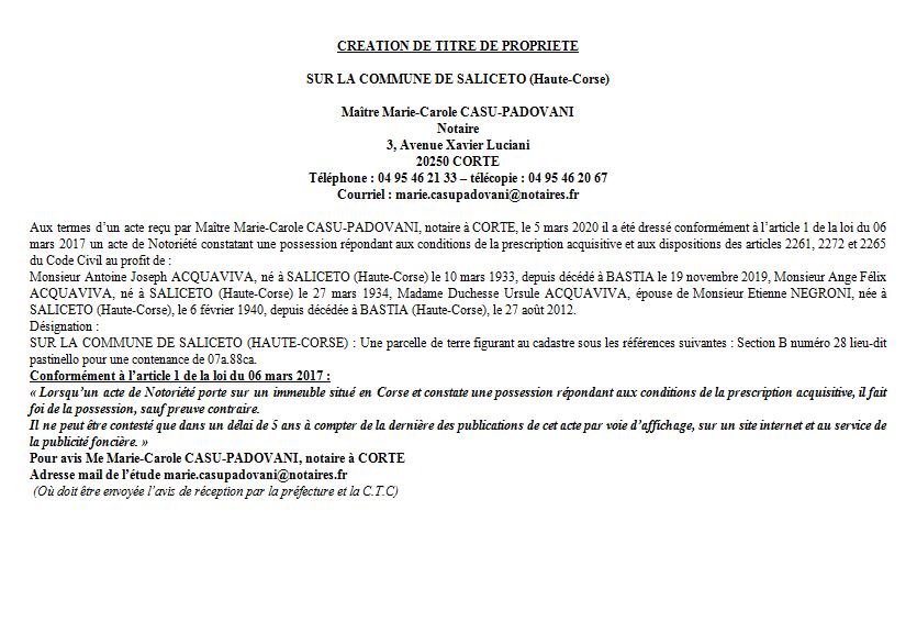 Avis de création de titre de propriété - commune de Saliceto (Haute Corse) Avis de création de titre de propriété - commune de Saliceto (Haute Corse)