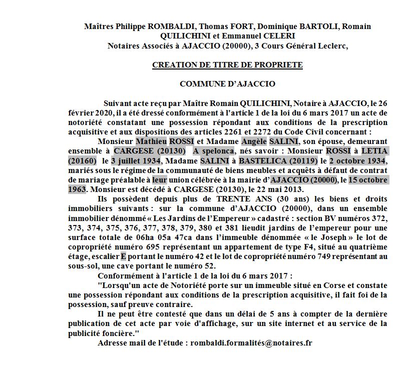Avis de création de titre de propriété - commune d'Ajaccio (Corse-du-Sud)