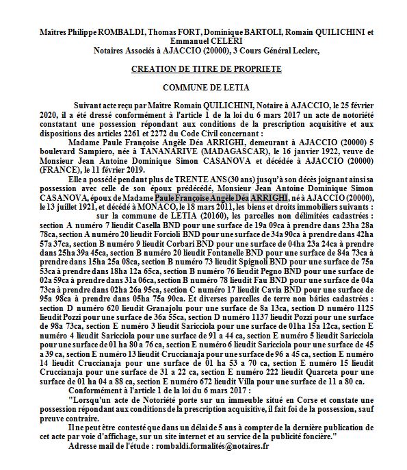 Avis de création de titre de propriété - commune de Letia (Corse-du-Sud) Avis de création de titre de propriété - commune de Letia (Corse-du-Sud)