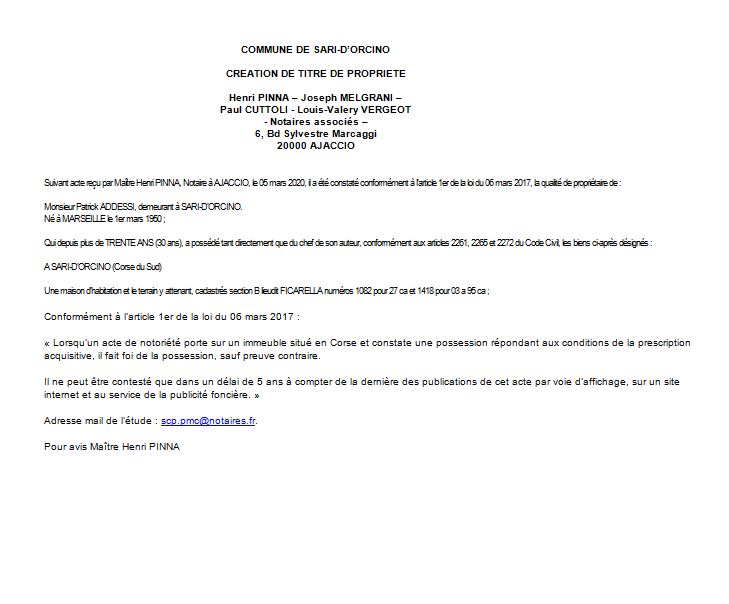Avis de création de titre de propriété - commune de Sari d'Orcino (Corse-du-Sud)