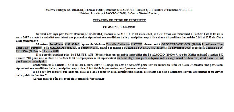 Avis de création de titre de propriété - commune d'Ajaccio (Corse-du-Sud)