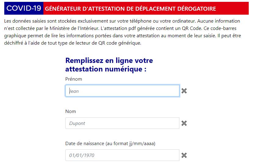 Attestation de déplacement dérogatoire