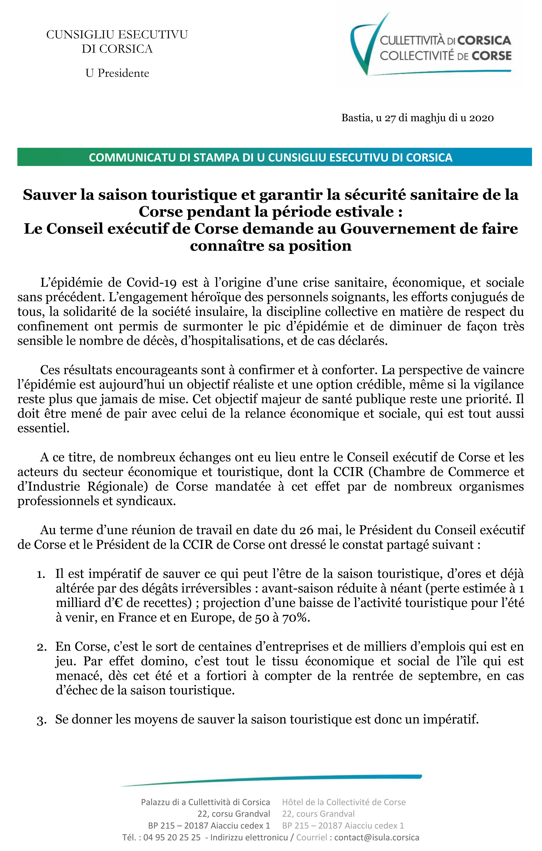 Sauver la saison touristique et garantir la sécurité sanitaire de la Corse pendant la période estivale :  Le Conseil exécutif de Corse demande au Gouvernement de faire connaître sa position