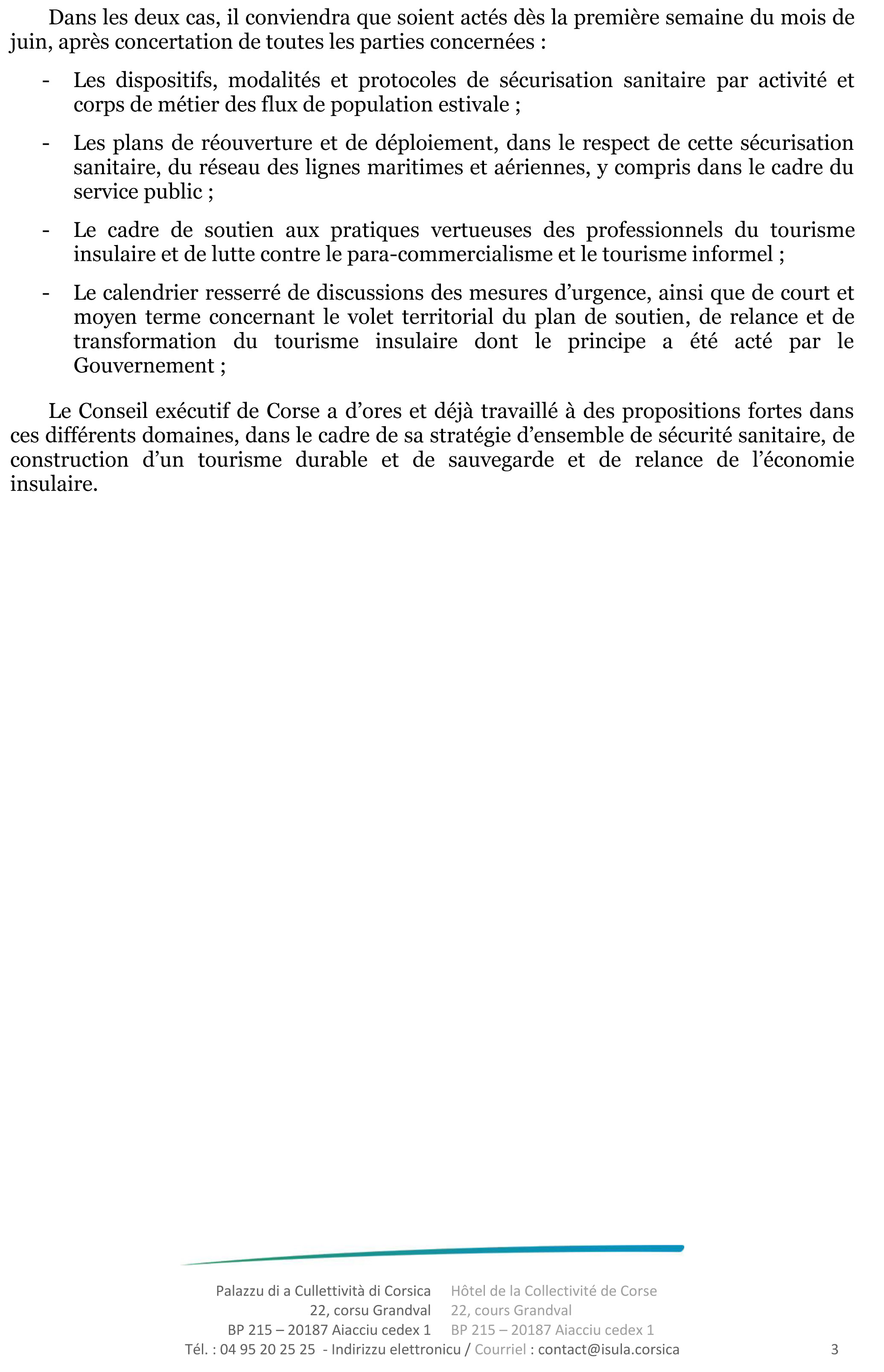 Sauver la saison touristique et garantir la sécurité sanitaire de la Corse pendant la période estivale :  Le Conseil exécutif de Corse demande au Gouvernement de faire connaître sa position