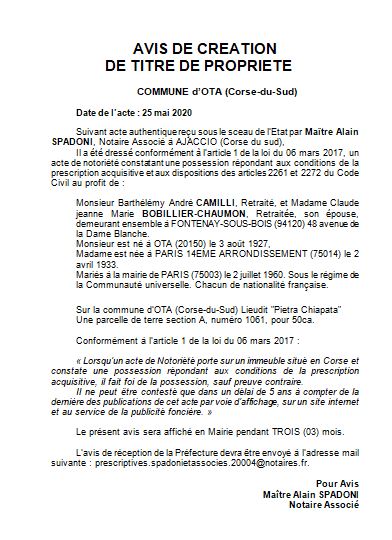 Avis de création de titre de propriété - commune de Ota (Corse du Sud)