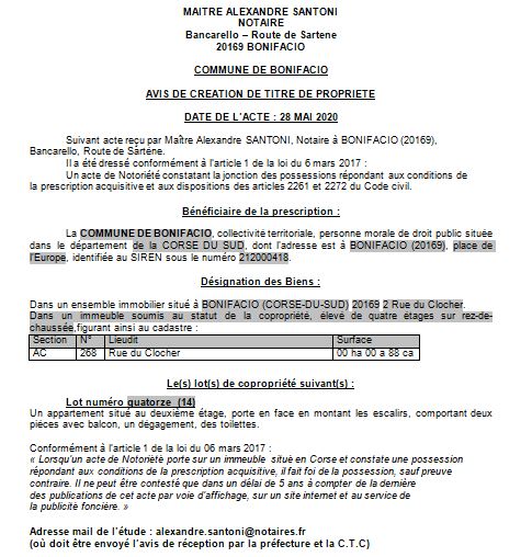 Avis de création de titre de propriété - commune de Bonifacio(Corse du Sud)
