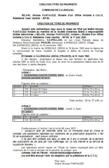 Avis de création de titre de propriété - commune de Calenzana (Haute Corse) Avis de création de titre de propriété - commune de Calenzana (Haute Corse)