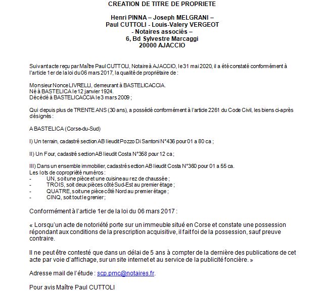 Avis de création de titre de propriété - commune de Bastelica (Corse du Sud)