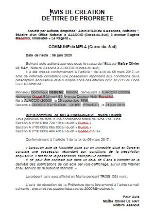 Avis de création de titre de propriété - commune de Mela (Corse du Sud)