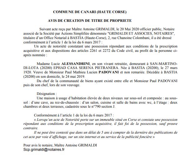 Avis de création de titre de propriété - commune de Canari (Haute Corse)