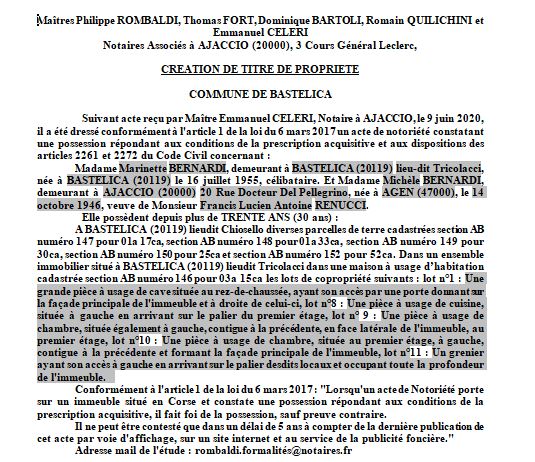 Avis de création de titre de propriété - commune de Bastelica (Corse du sud)