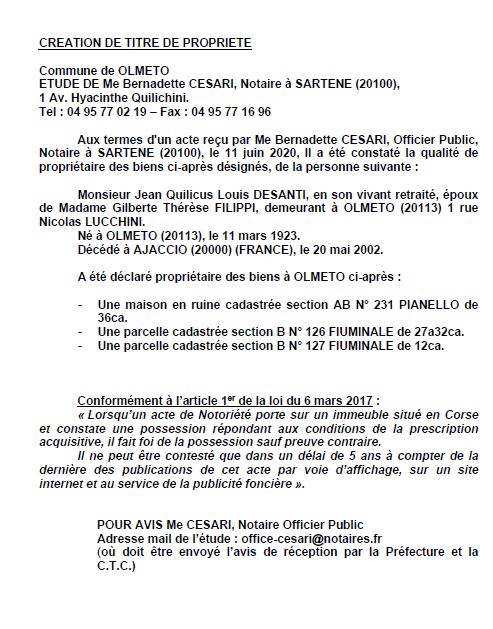 Avis de création de titre de propriété - commune d'Alata (Corse du sud)
