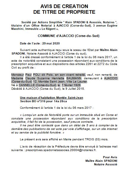 Avis de création de titre de propriété - commune d'Ajaccio (Corse du sud)
