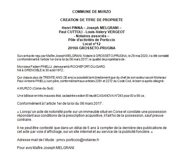 Avis de création de titre de propriété - commune de Murzo (Corse du sud)