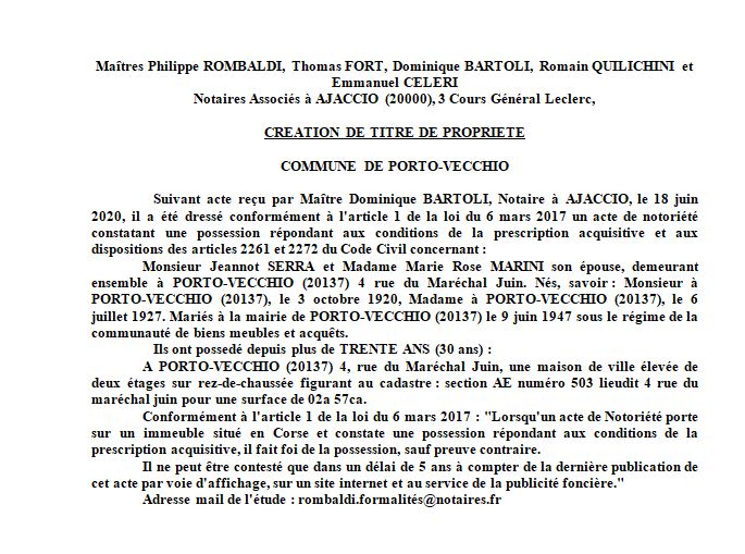 Avis de création de titre de propriété - commune de Porto Vecchio (Corse du sud)