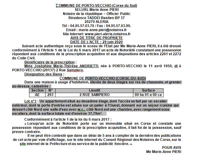 Avis de création de titre de propriété - commune de Porto Vecchio (Corse du Sud)