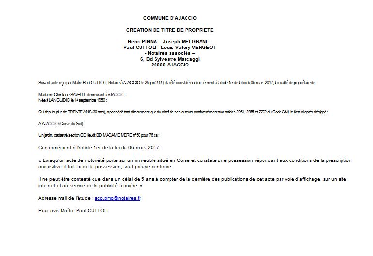 Avis de création de titre de propriété - commune d'Ajaccio (Corse du Sud) Avis de création de titre de propriété - commune d'Ajaccio (Corse du Sud)